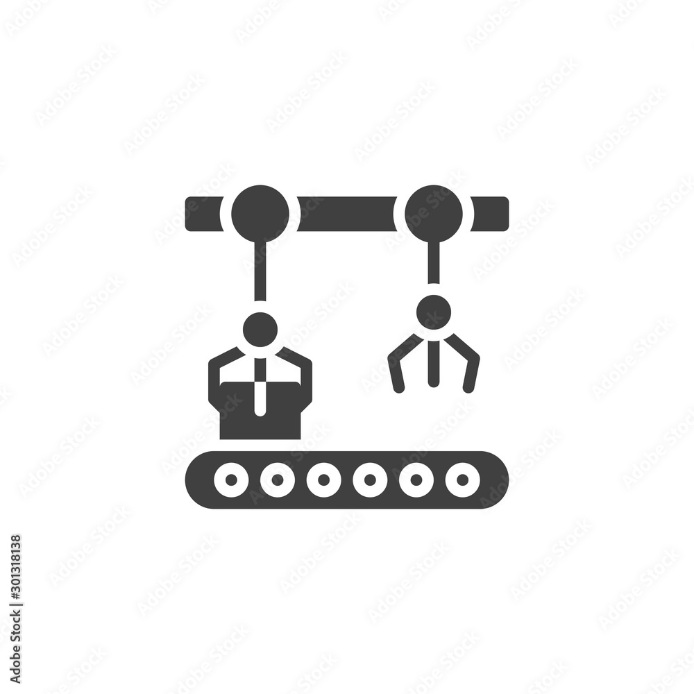 Assembly automatic production vector icon. filled flat sign for mobile concept and web design. Conveyor belt and Robotic arm glyph icon. Symbol, logo illustration. Vector graphics Assembly automatic production vector icon. filled flat sign for mobile concept and web design. Conveyor belt and Robotic arm glyph icon. Symbol, logo illustration. Vector graphics