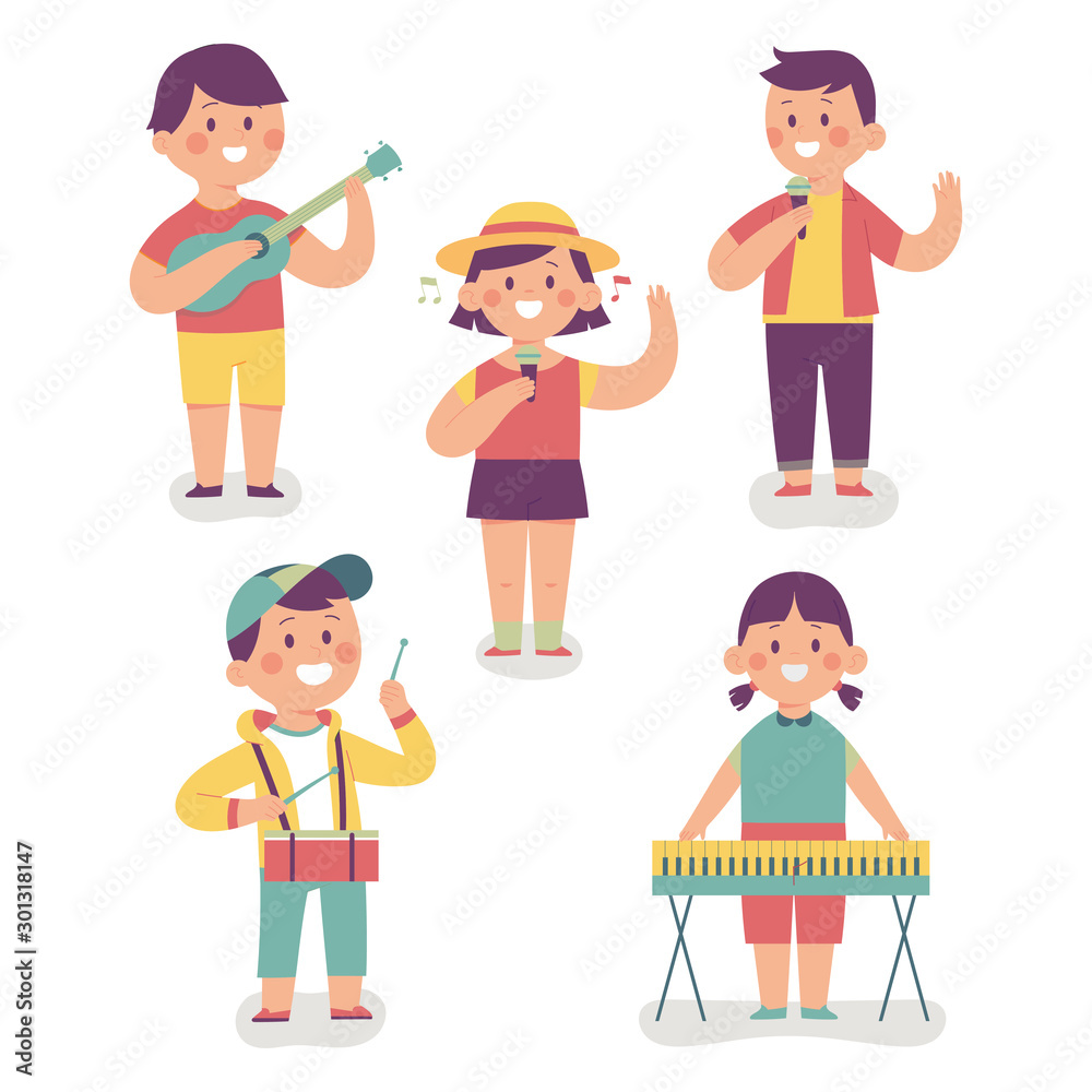 a children's music band that plays various musical instruments such as guitar, drums and keyboards, vector set of school children music groups