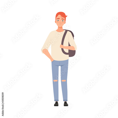 Cute teenager man with ginger hair and backpack on one sholder, standing and smiling. Waring casual, modern citizen of big city.