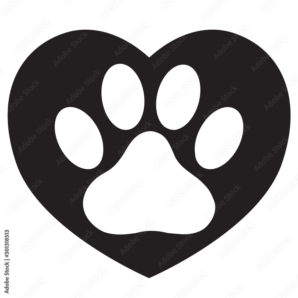 heart with animals footprint icon on white background. flat style. pet paw in heart symbol. love paw sign. dog paw and heart logo. heart with animals footprint icon on white background. flat style. pet paw in heart symbol. love paw sign. dog paw and heart logo.