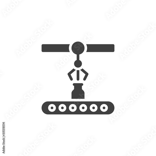 Conveyor belt with bottle vector icon. filled flat sign for mobile concept and web design. Milk factory conveyor glyph icon. Symbol, logo illustration. Vector graphics