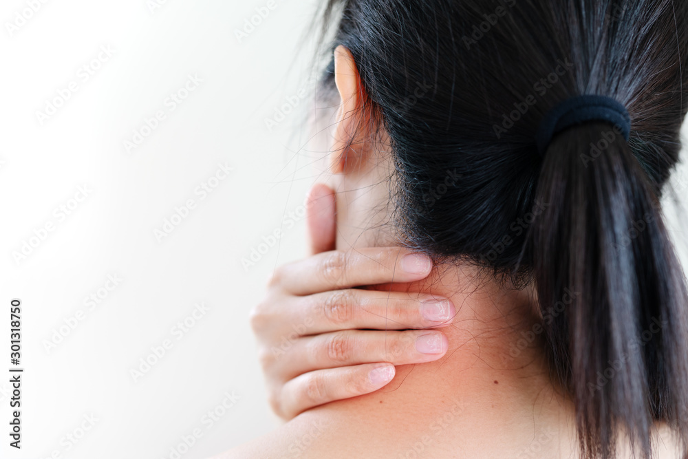 young women neck and shoulder pain injury, healthcare and medical concept young women neck and shoulder pain injury, healthcare and medical concept