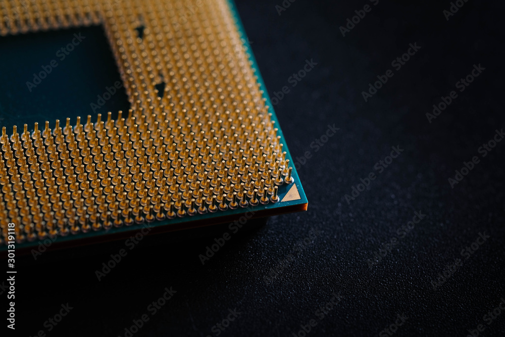 Closeup CPU pins on a green printed circuit board, Golden pins is The micro elements of computer central processor unit, GPU objects isolated on Black background . Closeup CPU pins on a green printed circuit board, Golden pins is The micro elements of computer central processor unit, GPU objects isolated on Black background .