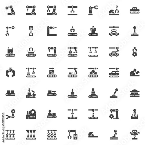 Robotic arm vector icons set, modern solid symbol collection, filled style pictogram pack. Signs, logo illustration. Set includes icons as Manufacturing automation technology, robot conveyor belt