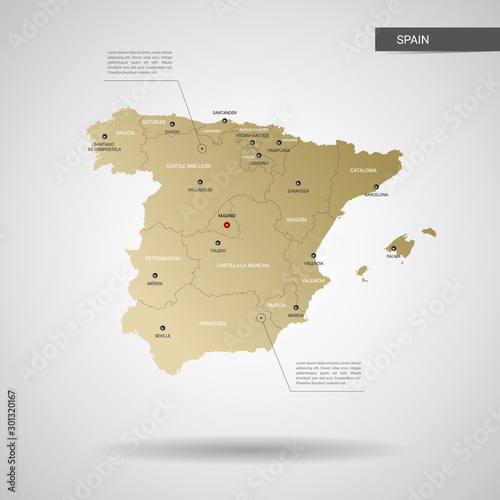 Stylized vector Spain map.  Infographic 3d gold map illustration with cities, borders, capital, administrative divisions and pointer marks, shadow; gradient background. 