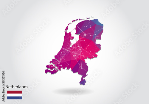 Vector polygonal Netherlands map. Low poly design. map made of triangles on white background. geometric rumpled triangular low poly style gradient graphic, line dots, UI design.