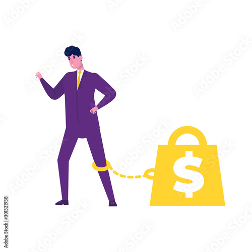 Money slavery concept. Business man chained to money weight  with shackles.  Vector flat illustration.