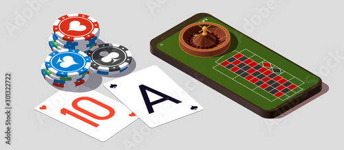 isometric illustration Blackjack in Online casino mobile phone app. Banner with Twenty-One and roulette Banner Online Casino isometric mobile phone app roulette and Blackjack Twenty-One Jackpot poster