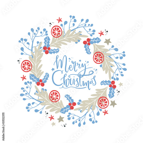 Wreath with Christmas decorative elements - plants, branches, orange. Traditional symbols, greeting card, vector illustration