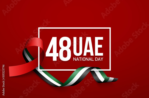 48 National day banner with realistic UAE ribbon flag. holiday illustration card 48 UAE National day Spirit of the union United Arab Emirates, Flat design Logo Anniversary Celebration Abu Dhabi Card