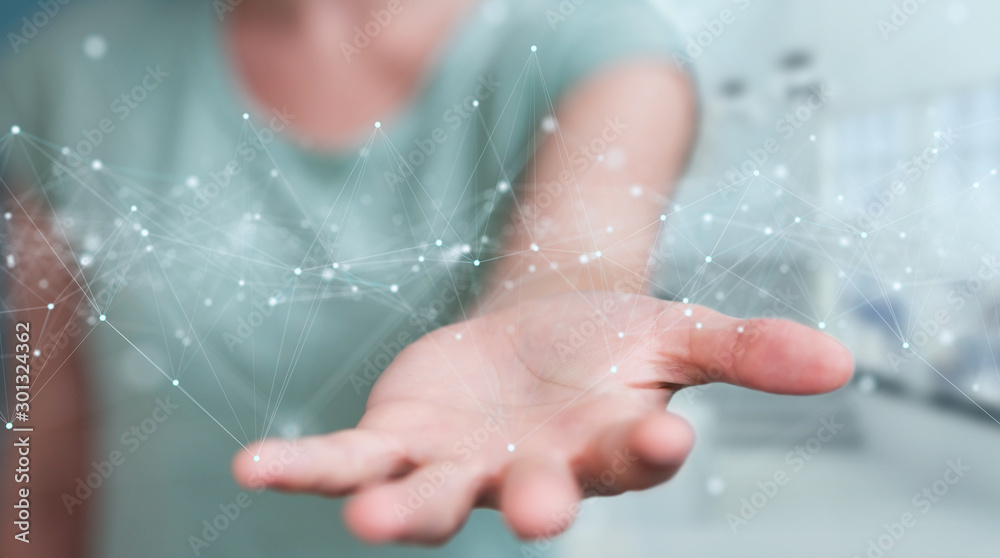 Woman using floating digital network connections with dots and lines 3D rendering Woman using floating digital network connections with dots and lines 3D rendering