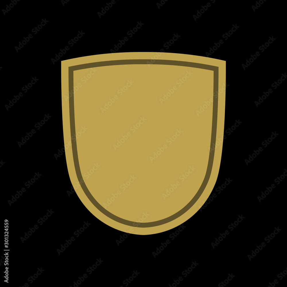 Shield shape gold icon. Simple flat logo on black background. Symbol of security, protection, safety, strong. Element badge for protect design emblem decoration Vector illustration Shield shape gold icon. Simple flat logo on black background. Symbol of security, protection, safety, strong. Element badge for protect design emblem decoration Vector illustration
