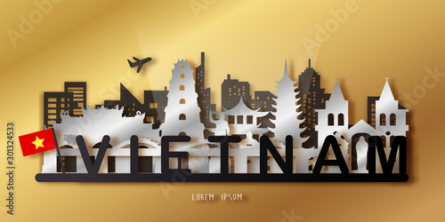 Vietnam Travel postcard, poster, tour advertising of world famous landmarks in paper cut style.