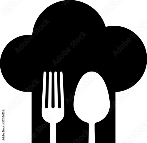 Black Chef hat with fork and spoon icon isolated on white background. Cooking symbol. Restaurant menu. Cooks hat. Vector Illustration