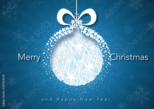 Abstract Christmas Ball Cut Out of Paper on Blue Background with White Starry...