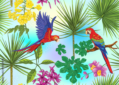 Seamless pattern, background with tropical plants, flowers and birds. Colored vector illustration. In light ultra violet pastel colors on mesh pink, blue background