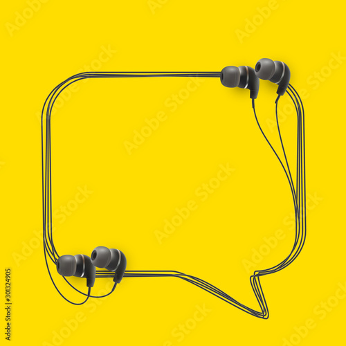 Innovative music quotation template in headphones quotes isolated on backdrop. Creative banner illustration with quote in a frame wire with Black quotes. speech bubble Template modern headset design.