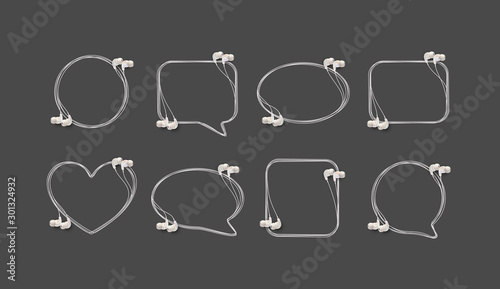 Innovative music quotation template speech bubble set in headphones quotes isolated on backdrop. Creative banner illustration set with quote frame wire with quotes headset modern design cloud remark