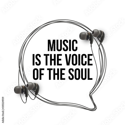 Innovative music quotation template in quotes isolated on backdrop. Creative banner illustration with quote in a frame wire with Black quotes. speech bubble inscription: Music is the voice of the soul