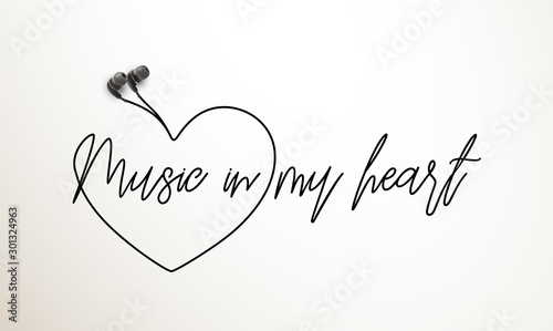 Innovative music quotation template in headphones quotes isolated on backdrop. Creative banner illustration with quote in a frame wire with Black quotes. speech bubble inscription: Music in my heart
