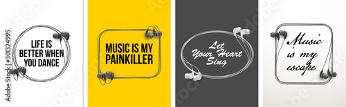 Innovative music quotation template speech bubble set in headphones quotes isolated on backdrop. Creative banner illustration set with quote frame wire with quotes headset modern design cloud remark