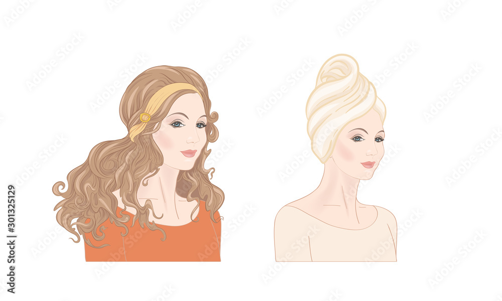 Set of two portraits of beautiful woman 30-39 or 40-49 with a towel on her head with hairstyle and makeup. Before and after. Hand drawn vector line art illustration. Set of two portraits of beautiful woman 30-39 or 40-49 with a towel on her head with hairstyle and makeup. Before and after. Hand drawn vector line art illustration.