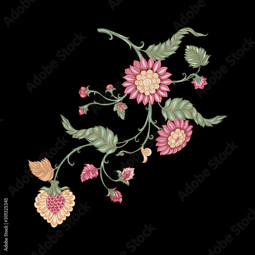 Indian ethnic pattern with stylized florwers and bird. Colored vector illustration. Isolated on white background.