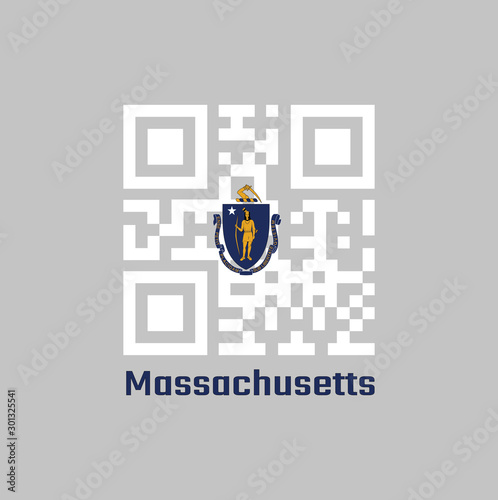 QR code set the color of Massachusetts flag. The states of America. The state coat of arms centered on a white field.