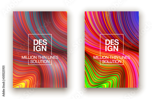 Fashion poster million thin lines luxury design. Liquid wave lines fashion background. Beautiful flowing drape textiles from multitude of thin threads. Vector illustration vogue drape banner EPS10 set