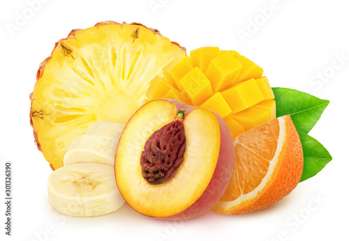 Composition with sliced tropical fruits isolated on a white background with clipping path.