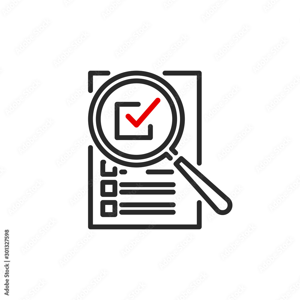 check box list page with magnifier glass outline flat icon. Single quality outline logo search symbol for web design mobile app. Thin line design logo sign Loupe lens icon isolated on white background check box list page with magnifier glass outline flat icon. Single quality outline logo search symbol for web design mobile app. Thin line design logo sign Loupe lens icon isolated on white background