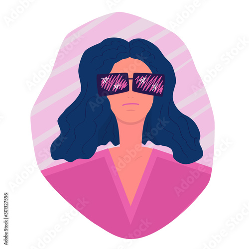 Portrait of young woman in pink blouse and purple big glasses. Proud confident face of the girl. Curly fluffy hair. Serious closed mouth. Cartoon flat character. Avatar Icon design for social networks