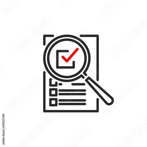 check box list page with magnifier glass outline flat icon. Single quality outline logo search symbol for web design mobile app. Thin line design logo sign Loupe lens icon isolated on white background
