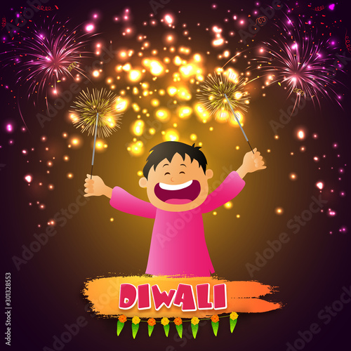 Cute boy playing with firecrackers for Diwali.