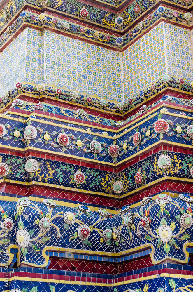Thai Ornamental Pattern in Traditional Style is Decorated with Colorful Ceramic at Stupa of Wat Pho Monastery at Bangkok, Thailand.