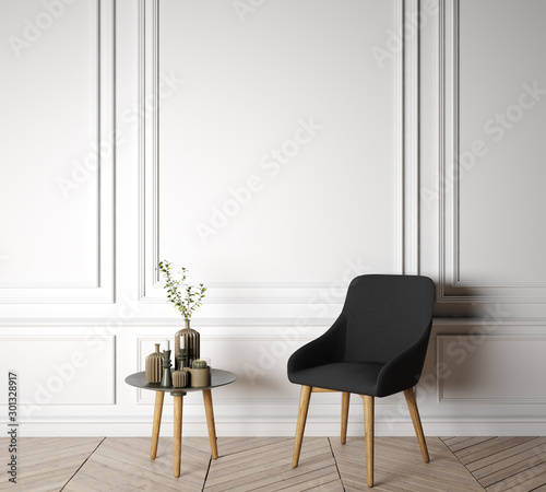mock up modern interior, black chair in living room, empty wall, 3D render, 3D illustration