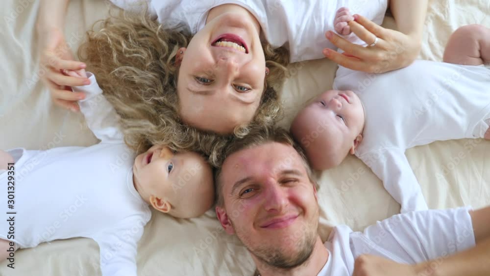 Happy Family With Babies Taking Selfie. Top View.