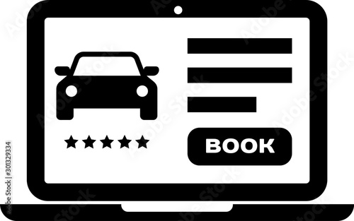 Black Online car sharing icon isolated on white background. Online rental car service. Online booking design concept for laptop. Vector Illustration