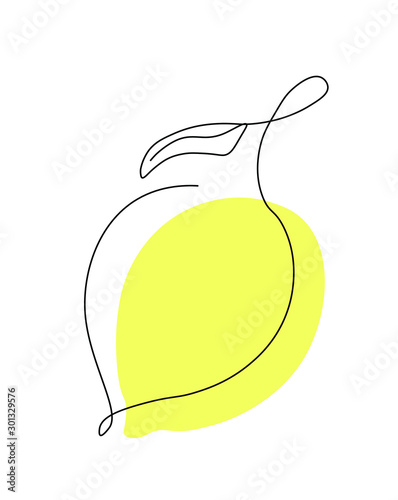 Lemon continuous line drawing. One single line organic healthy fruit concept with yellow color. Minimalism modern style for logo, icon, card or poster and print graphics design