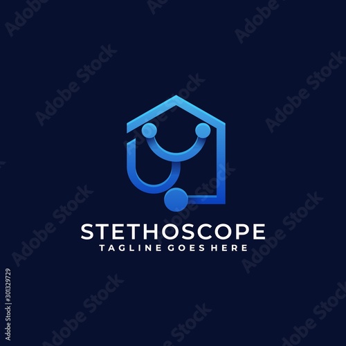 Stethoscope With Home Illustration Logo Design Vector of Doctor and Nurse for Medical with Line Art