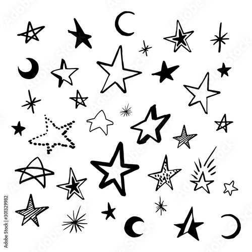 Set doodle stars. Collection of black hand drawn stars and crescent. Vector illustration  isolated on white.