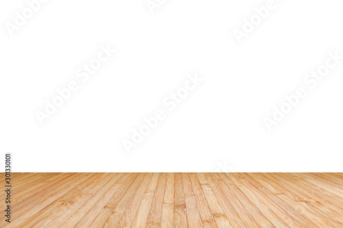 Wood floor isolated with empty white wall background texture