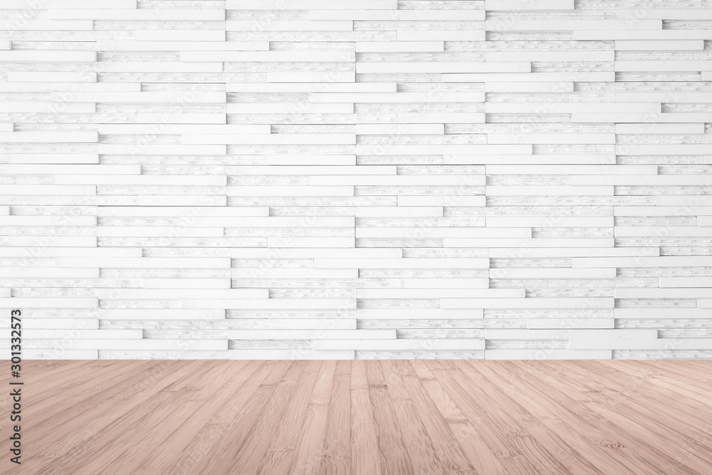 Marble tile wall pattern textured background in light white color with wooden floor in red brown