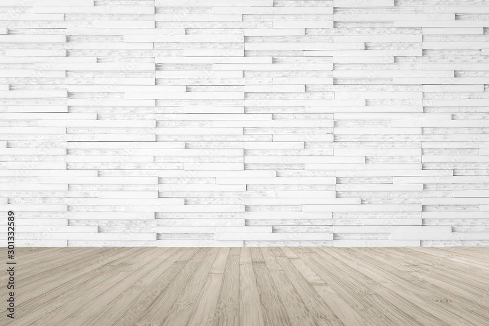 Marble tile wall pattern textured background in light white color with wooden floor in sepia brown
