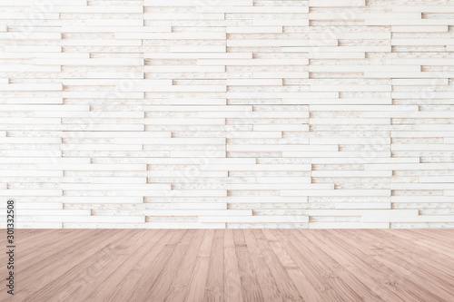 Marble tile wall pattern textured background in light white beige color with wooden floor in red brown tone