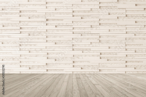Wood floor with granite jigsaw tile wall pattern textured background in sepia brown