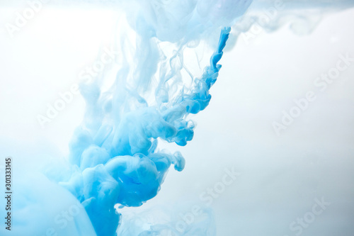 Abstract flowing liquid or blue ink in water on a white background. It looks like smoke or cloud. Or zero gravity. photo