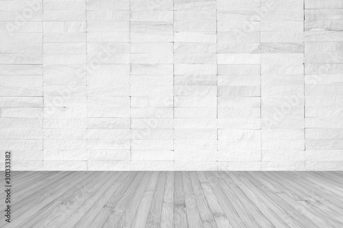 White brick wall with wooden floor textured background in light grey color