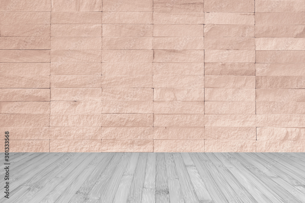Fototapeta premium Red brown rock tile wall with wooden floor in grey for interior background