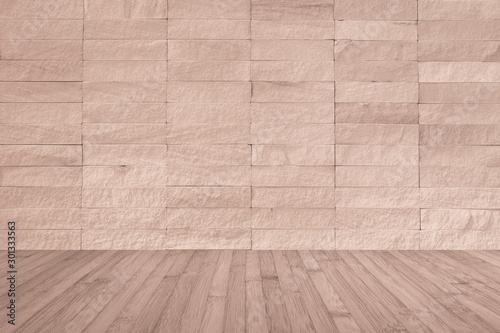Red brown rock tile wall with wooden floor in red brown for interior background